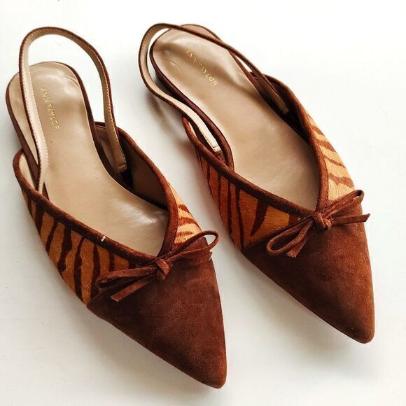 NEW Ann‎ Taylor Brown Zebra Print Calf Hair Fur Pointed Toe Flats WOMENS SIZE 7M - Picture 1 of 8
